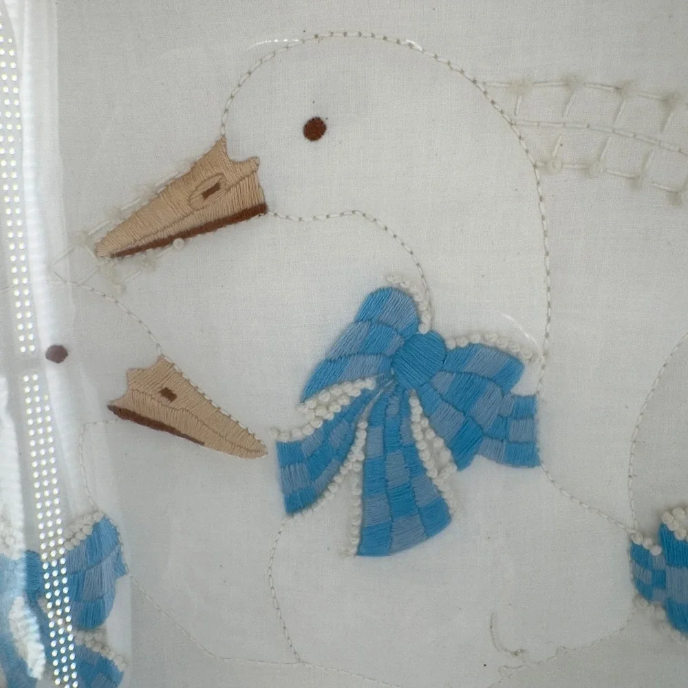 Vintage Framed Goose Embroidery Art Three White Geese Blue Bows Cottagecore